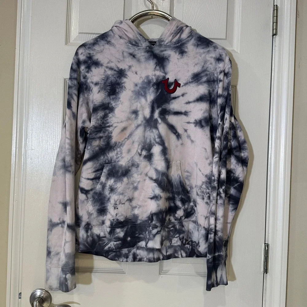 True Religion Mens Tie Dye Hoodie Grey White Buddha Guitar Logo Sweatshirt L
